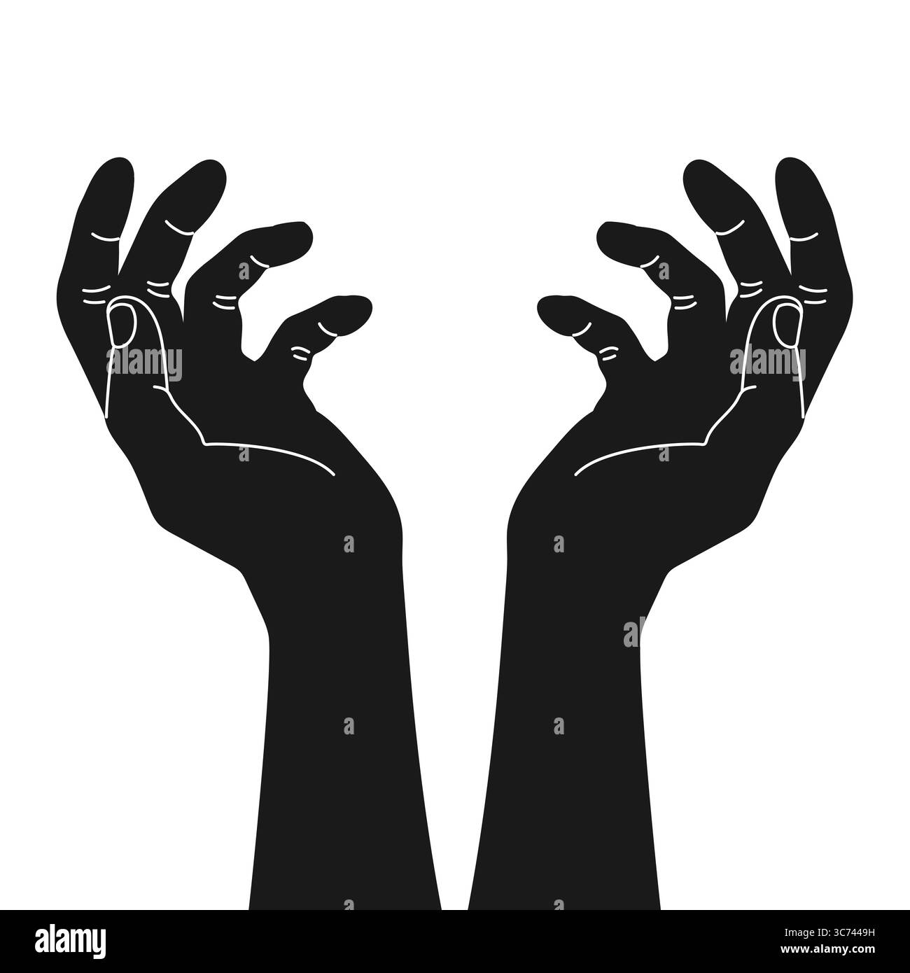 Braccia che raggiungono la sagoma del cielo. Sagoma delle mani umane rialzate. Mani tese. Illustrazione vettoriale Illustrazione Vettoriale