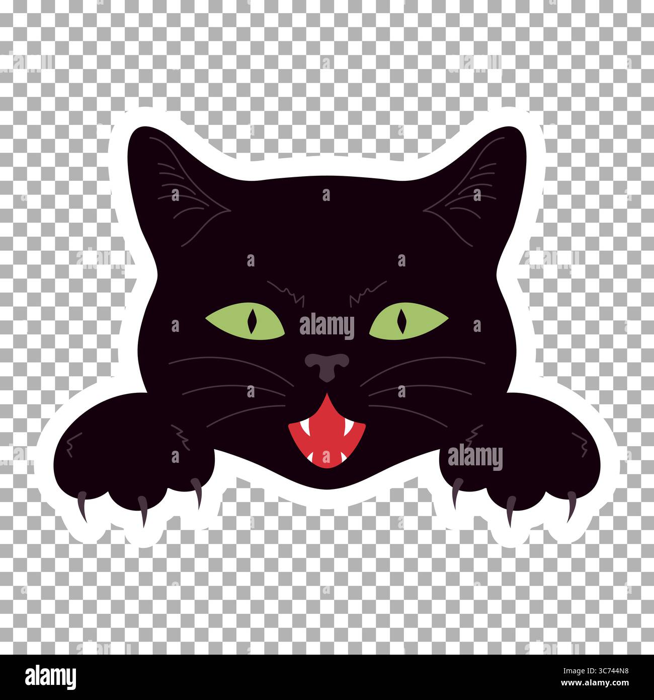 Attaccare la faccia nera del gatto con zanne e artigli affilati. Adesivo del gatto vampiro. Illustrazione vettoriale Illustrazione Vettoriale