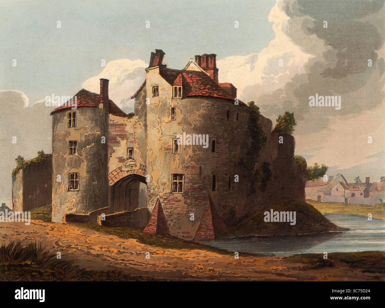 St. Briavels Castle, un castello nel villaggio di St. Briavels nella contea inglese del Gloucestershire. Il castello è noto per la sua enorme porta d'ingresso ai tempi di re Edoardo I. Inghilterra, intorno al 1850, dopo un dipinto di Theodore Henry Adolphus Fielding, riproduzione digitalmente migliorata, storica, data esatta sconosciuta Foto Stock