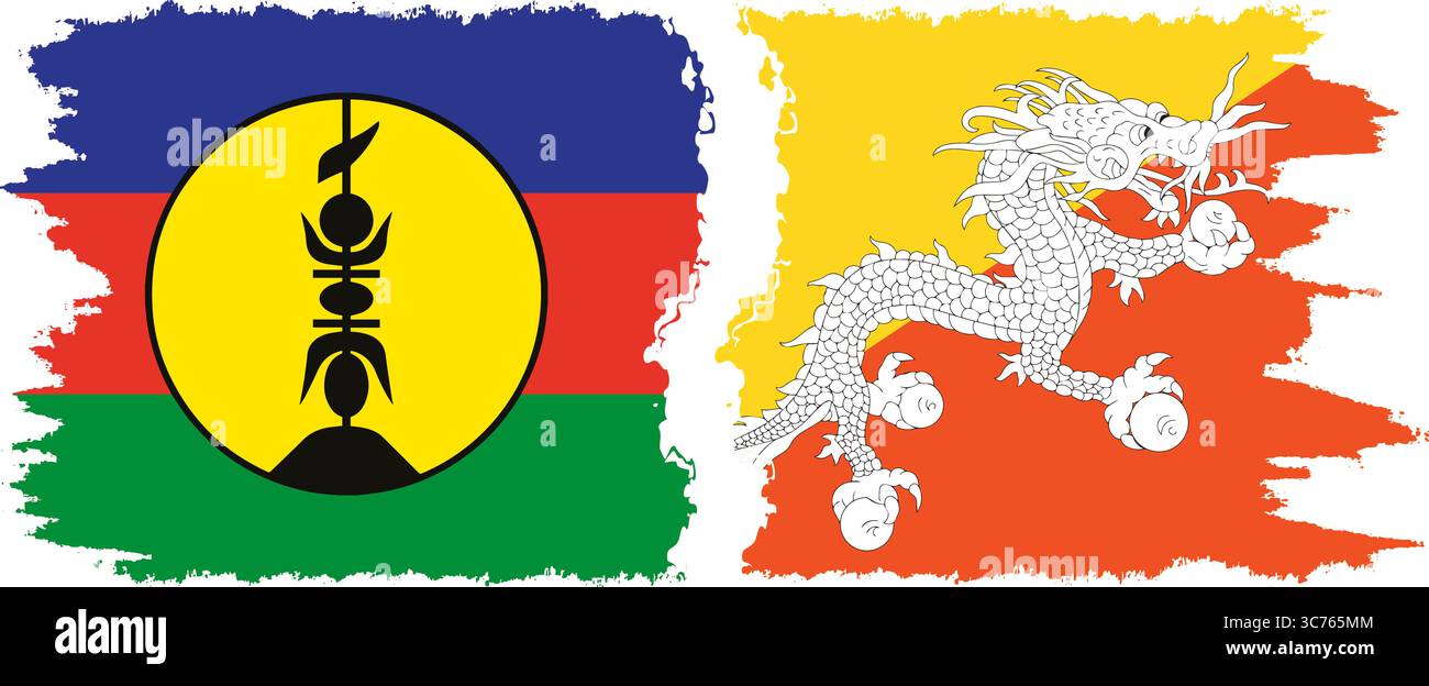 Bhutan e nuova Caledonia grunge bandiere connessione, vettore Illustrazione Vettoriale