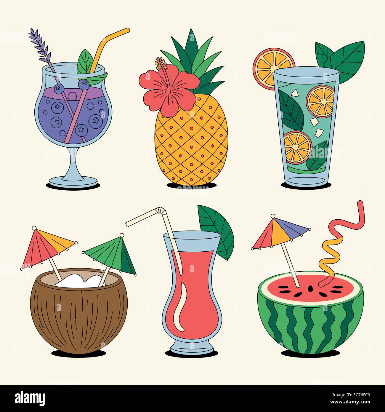 Cocktail estivi: Bevande tropicali e bevande rinfrescanti, con una collezione di cocktail estivi, tra cui bevande fruttate servite in vari Glasse Illustrazione Vettoriale