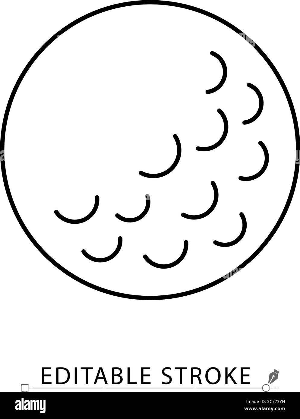 Icona di una pallina da golf in stile minimalista con tratto modificabile. Attrezzatura sportiva, gioco di precisione, attività all'aperto, oggetto per il tempo libero, palla classica, formazione Illustrazione Vettoriale