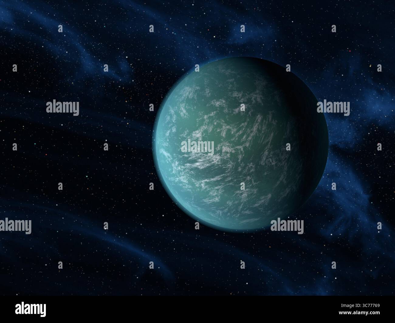 26 gennaio 2021 - USA - Kepler-22b è il primo pianeta scoperto all'interno della zona abitabile di una stella simile al Sole. La concezione di questo artista del 2011 mostra il primo pianeta che la missione Kepler della NASA ha confermato di orbitare attorno a una stella dove potrebbe esistere acqua liquida, un requisito per la vita sulla Terra. Questo esopianeta è 2,4 volte più grande della Terra, il che lo rende il più piccolo mai trovato in orbita nel mezzo della zona abitabile di una stella come il nostro Sole. All'epoca gli scienziati non sapevano se il pianeta avesse una composizione prevalentemente rocciosa, gassosa o liquida. E' possibile che il mondo W Foto Stock