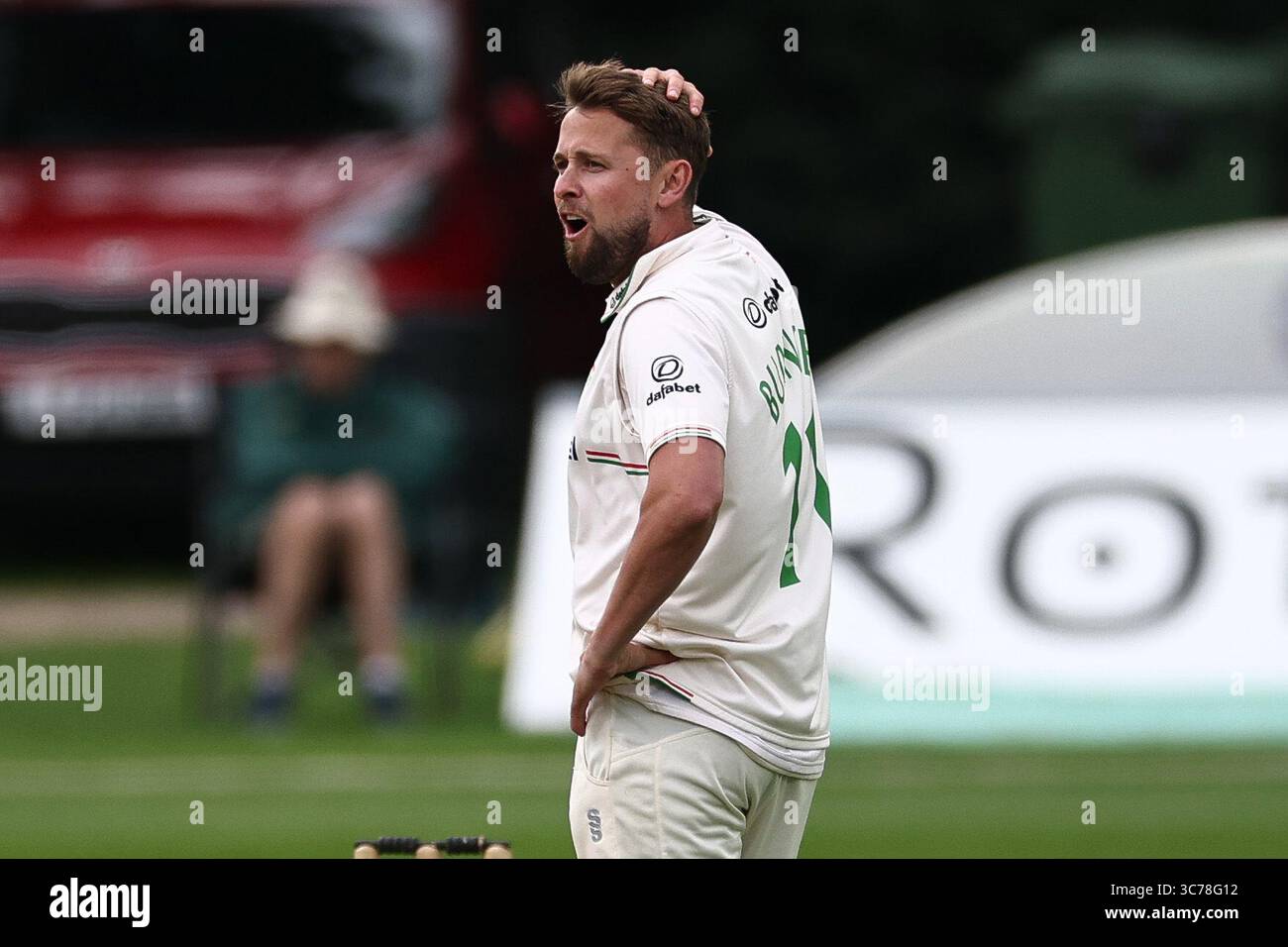 Regno Unito, Canterbury, The Spitfire County Ground, 1 agosto 2025, Sol Budinger del Leicestershire durante l'ultimo giorno del Rothesay County Championship Division 2 match tra Kent CCC e Leicestershire CCC a County Ground Canterbury 1 agosto 2025 Foto Stock