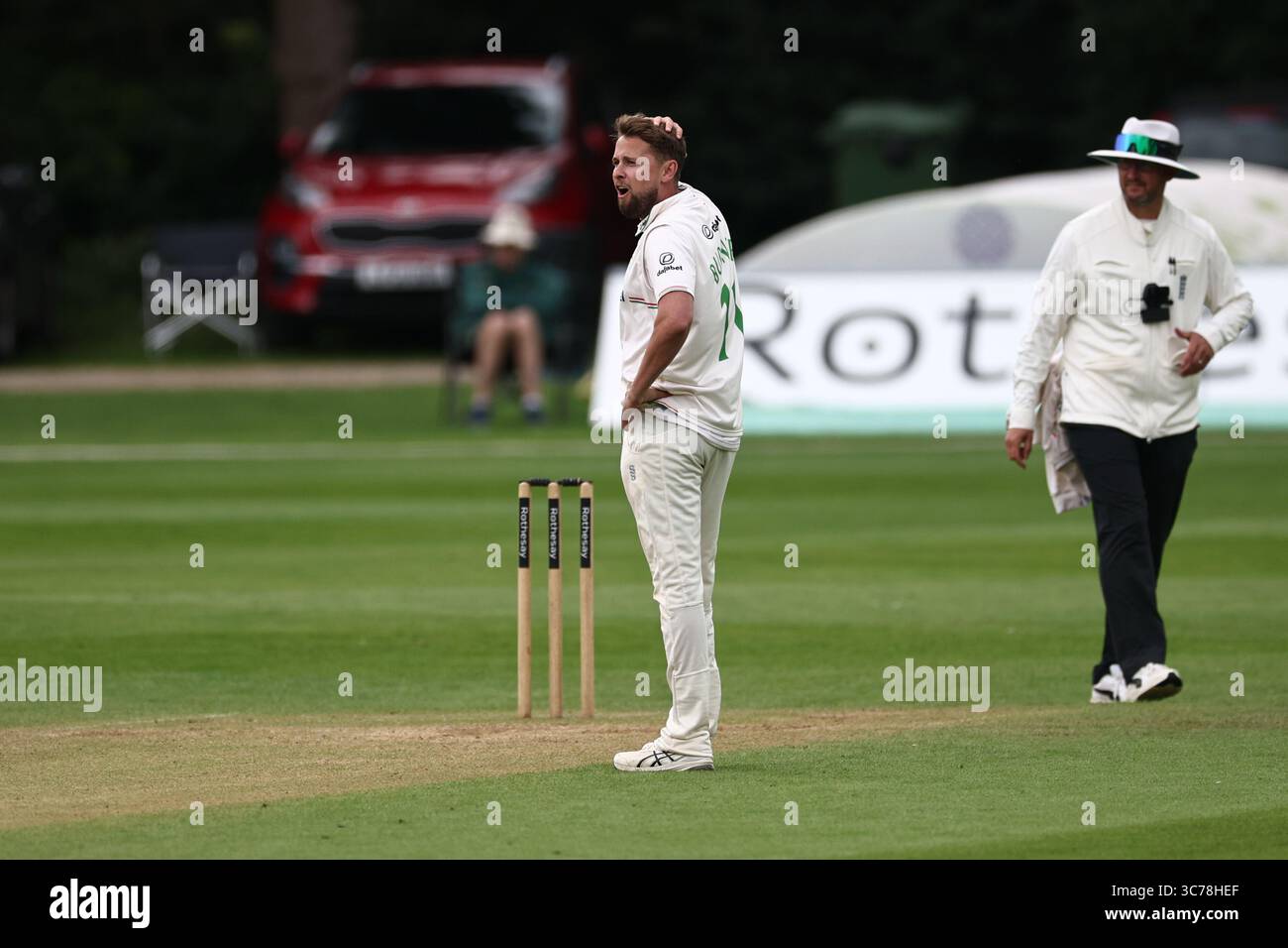 Regno Unito, Canterbury, The Spitfire County Ground, 1 agosto 2025, Sol Budinger del Leicestershire durante l'ultimo giorno del Rothesay County Championship Division 2 match tra Kent CCC e Leicestershire CCC a County Ground Canterbury 1 agosto 2025 Foto Stock
