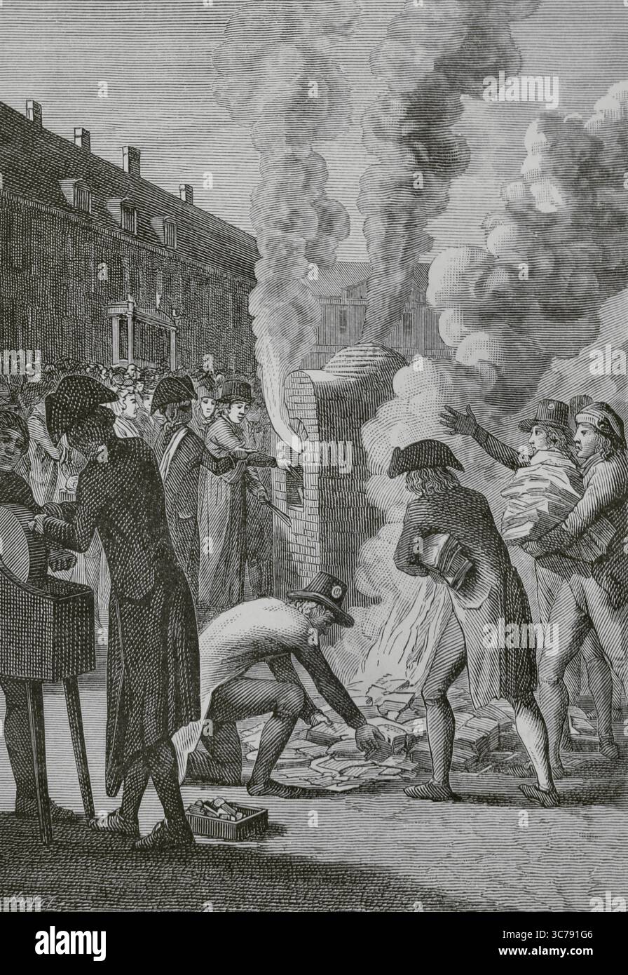 Rivoluzione francese. Incendio di "assignat" in Place Vendôme, Parigi, il 19 febbraio 1796. In tale data, il Direttorio abolì definitivamente l'uso di "assegnatari", rendendoli privi di alcun valore monetario. Le macchine da stampa, i punzoni, le matrici e altri materiali utilizzati per la carta-moneta sono stati bruciati e distrutti. Incisione di Huyot dopo un'illustrazione tedesca. Directoire, Consolato et Empire. Moeurs et usages, lettres, Sciences et Arts Francia, 1795-1815' (Direttorio, Consolato e Impero di Francia. Costumi e tradizioni, lettere, scienze e arti Francia, 1795-1815), di Paul Lacroix. Publis Foto Stock