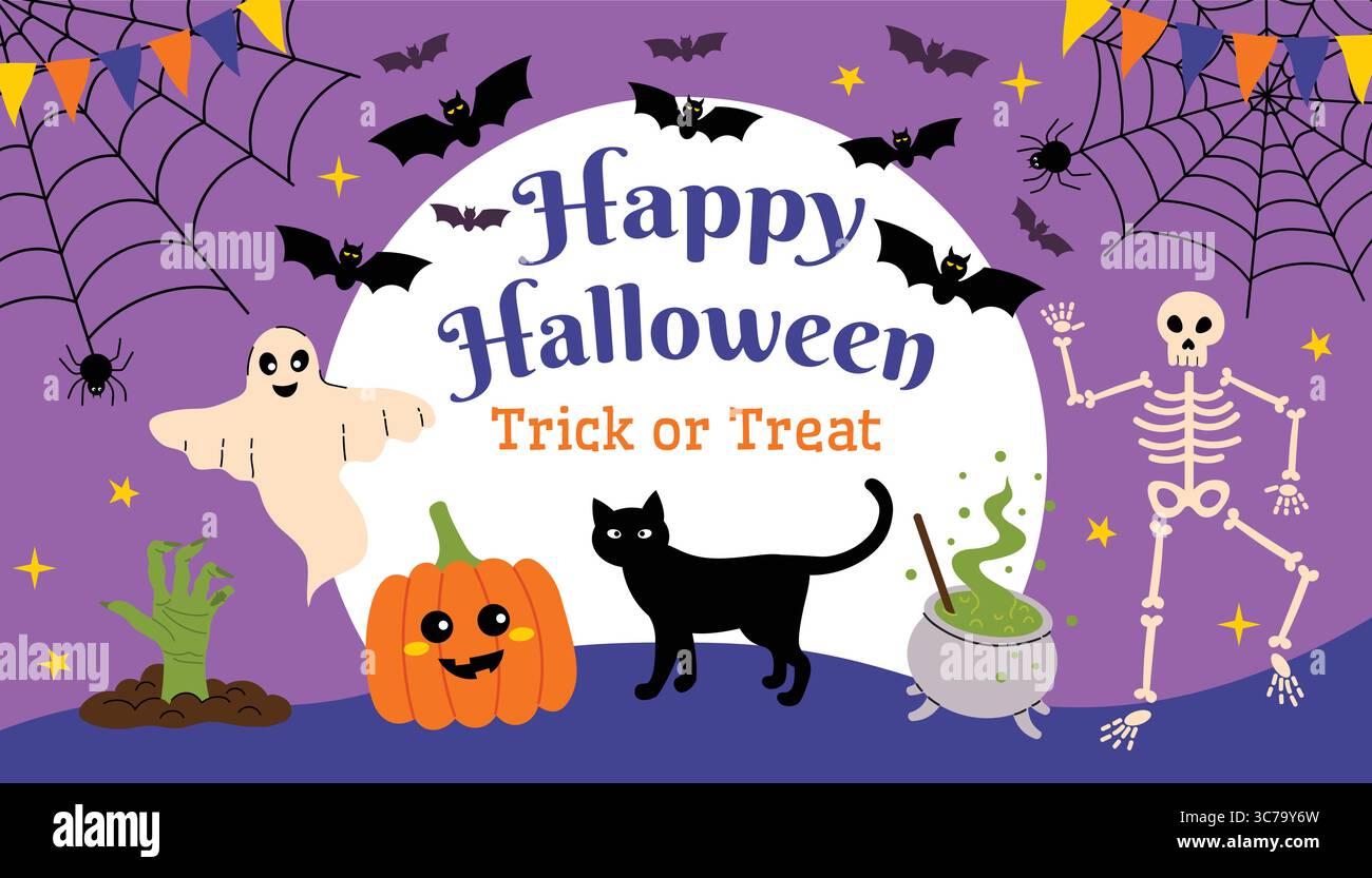 Divertente carta Halloween con luna e pipistrelli, fantasma, gatto nero, scheletro, calderone, zucca e ragnatela sullo sfondo viola. Stile cartoni animati piatto, colorato spettrale Illustrazione Vettoriale