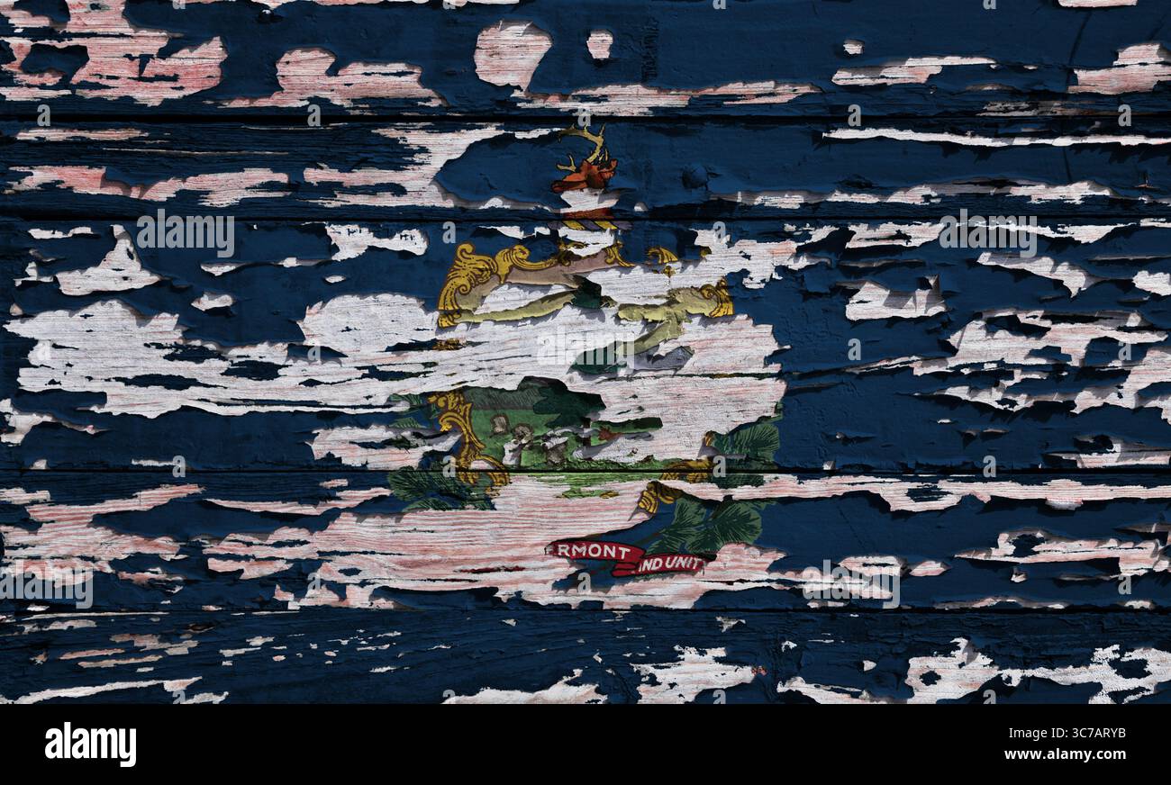 Bandiera del Vermont dipinta su una tavola di legno grunge. Foto Stock