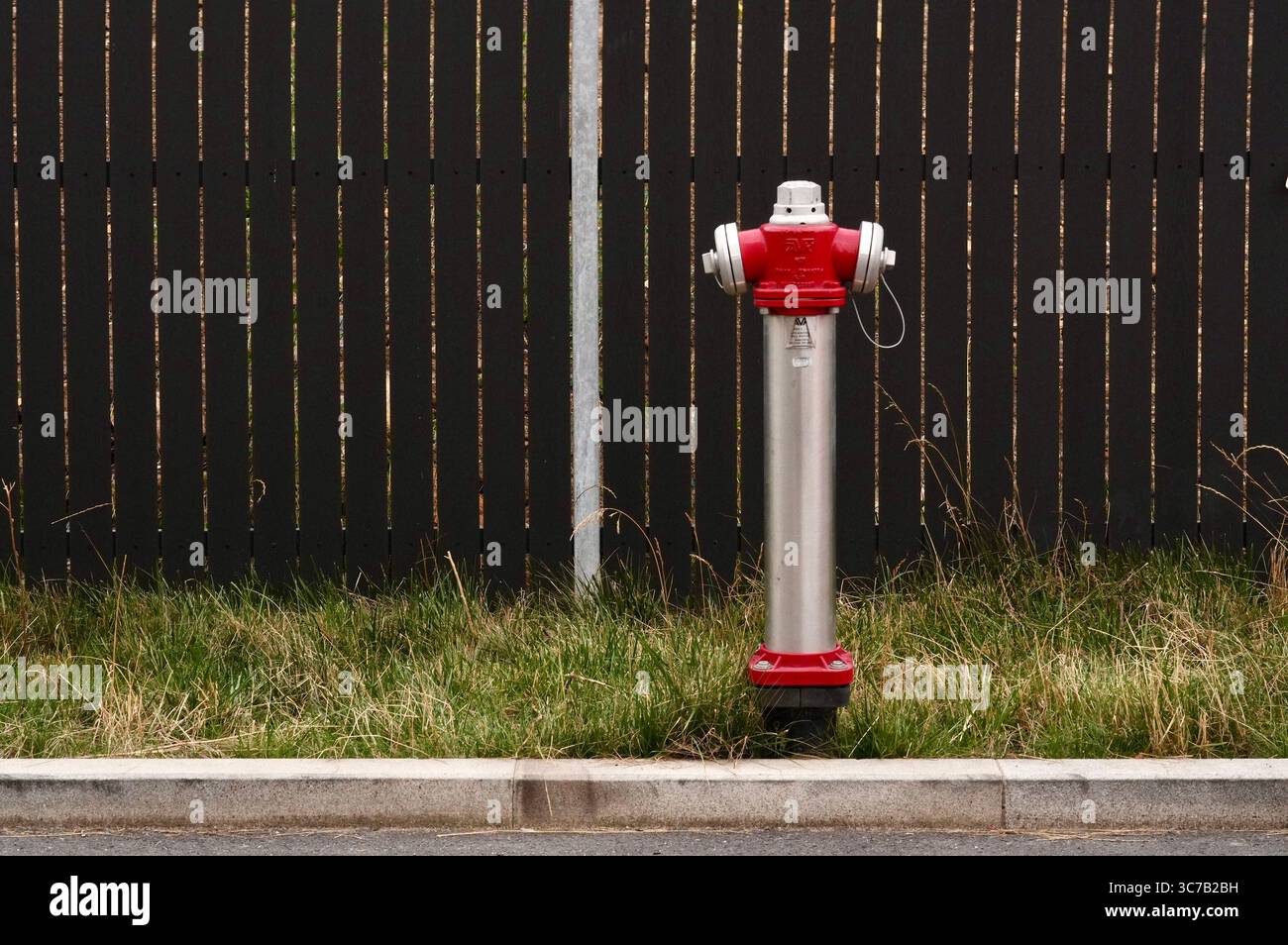 Idrante rosso per la strada con una recinzione nera sullo sfondo Foto Stock