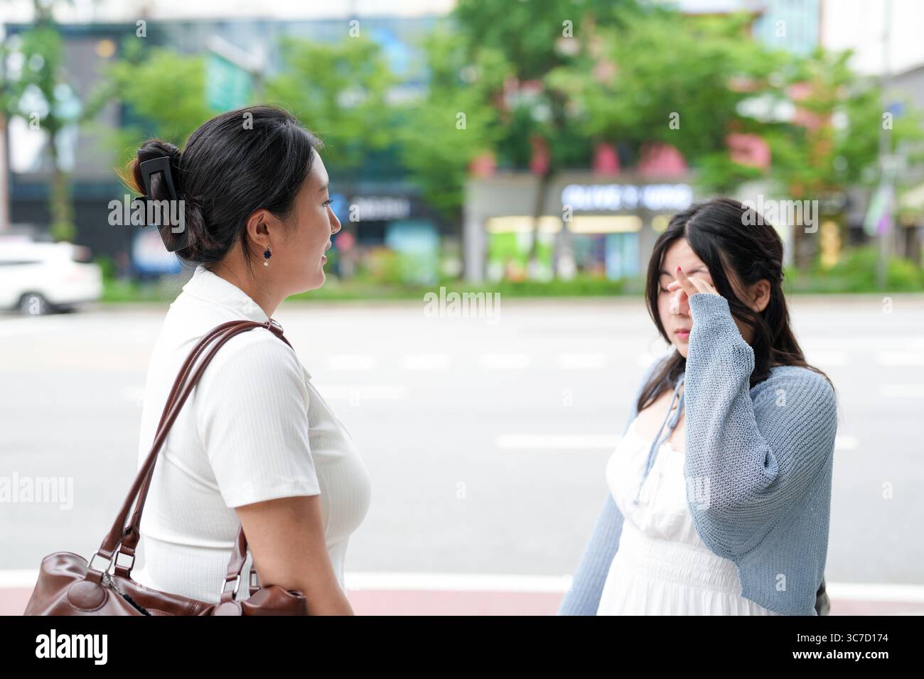 Due donne coreane si sposano ventenni in abiti casual fingono di litigare su un viale, guardandosi l'un l'altra con sorrisi e piccoli gesti Foto Stock
