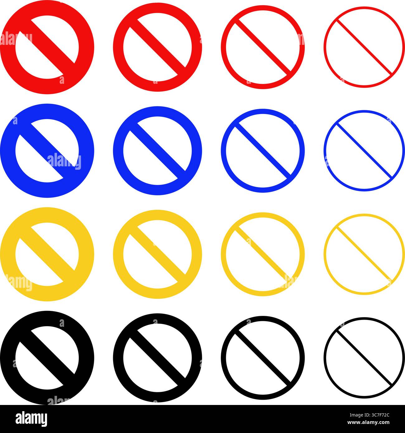 Set di icone vettoriali senza simbolo in rosso, blu, giallo e nero con vari pesi di traccia e varianti di stile multiple, progettate per i segni di restrizione. Illustrazione Vettoriale