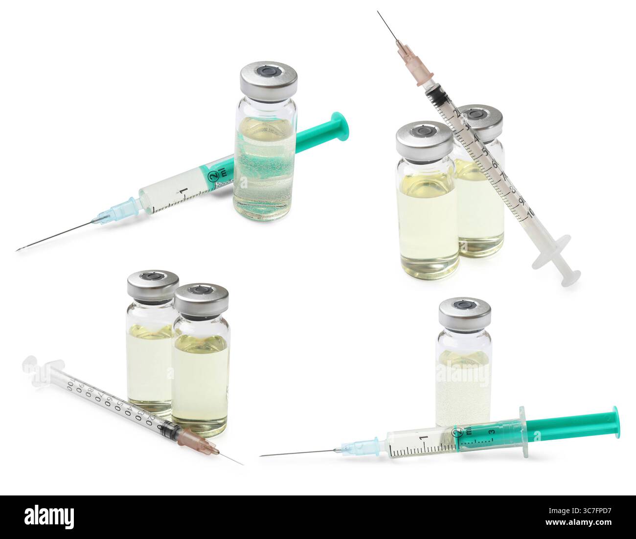 Vaccino in fiale e siringhe isolate su bianco, set Foto Stock