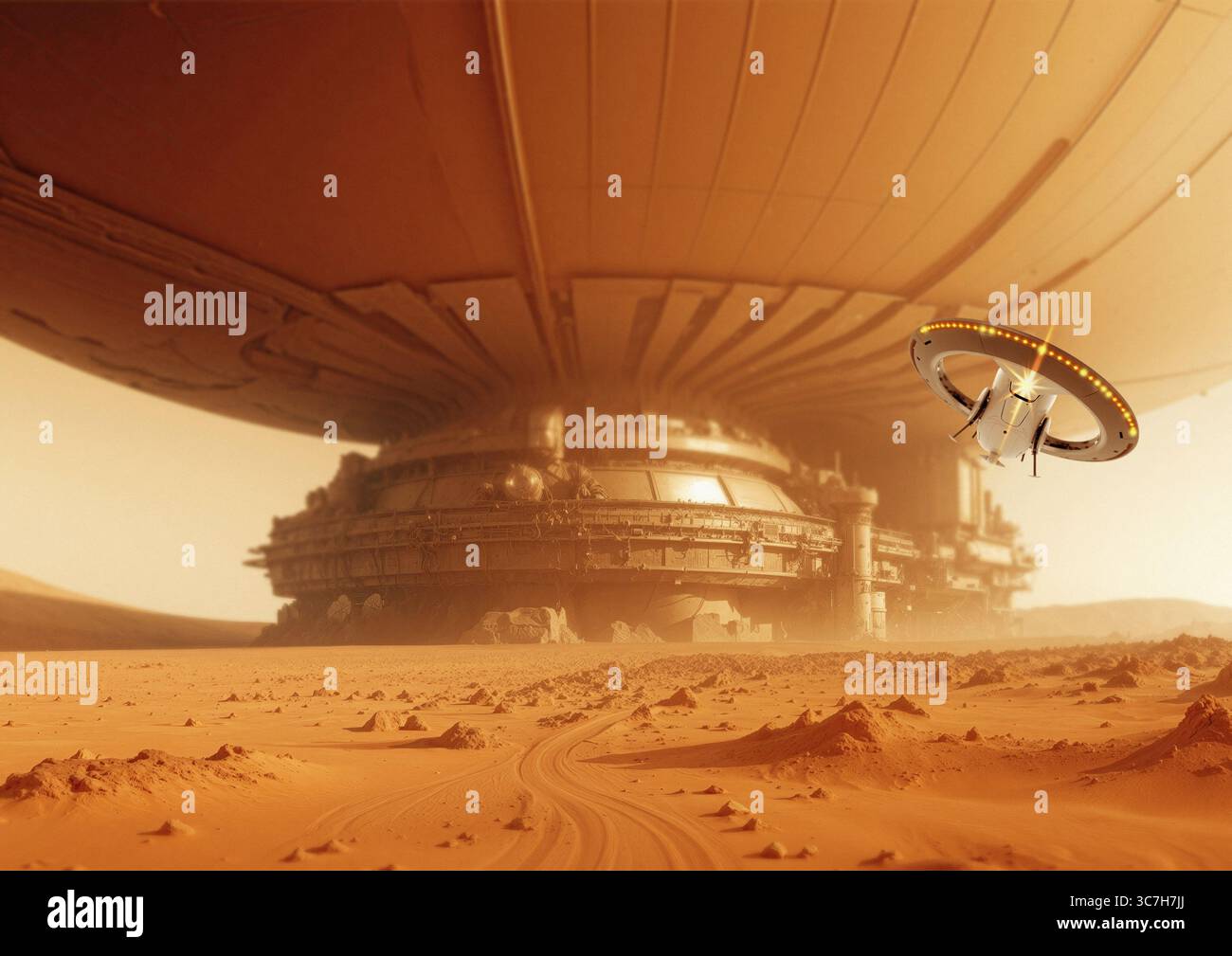 Illustrazione di un drone che vola in un complesso industriale su Marte. Foto Stock