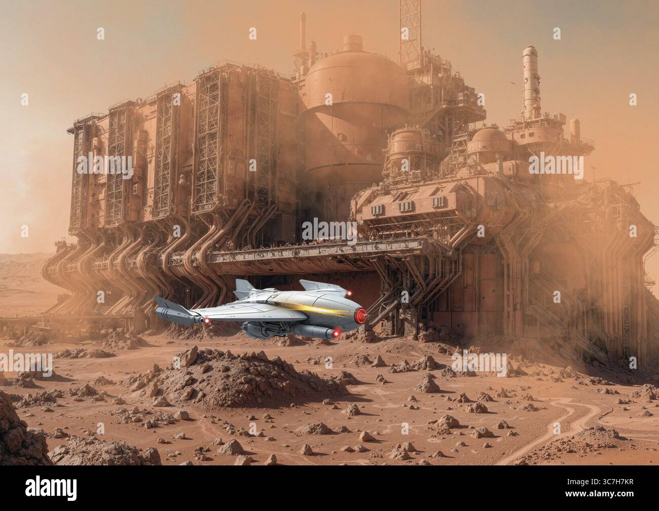 Illustrazione di un drone che vola in un complesso industriale su Marte. Foto Stock