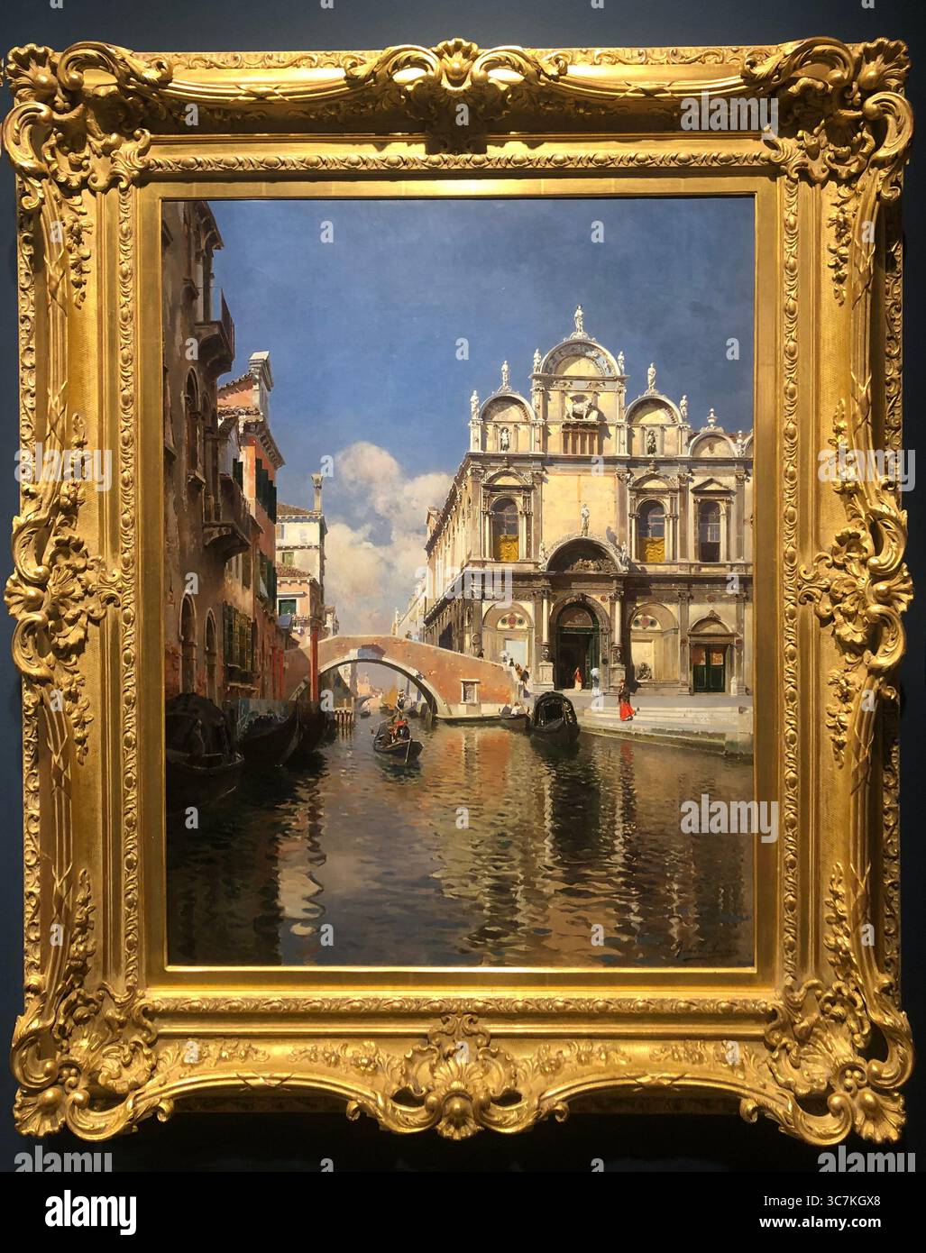 Pittura a olio ottocentesca: Scuola grande di San Marco e Ponte Cavallo sul Rio dei Mendicanti, Venezia di Rubens Santoro Foto Stock