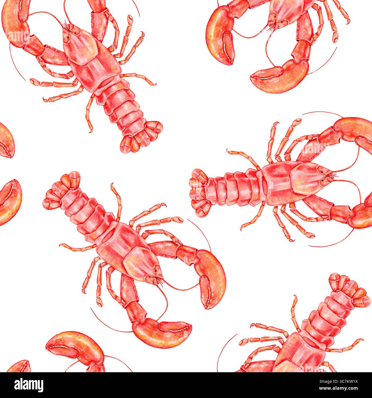 Motivo acquerello senza cuciture con aragoste rosse e artigli su sfondo bianco. Ideale per carta da imballaggio per frutti di mare, tessuti a tema marino, asciugamani da cucina, o Foto Stock