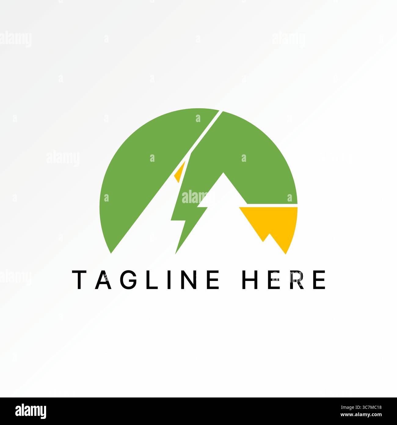 Design del logo concept grafico immagine vettoriale premium creativa top sell Circle Mountain con strumento elettrico tuono prodotto panorama viaggio paesaggio Illustrazione Vettoriale