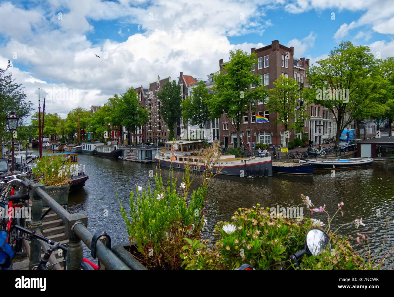 Amsterdam, paesi bassi, luglio 7,2025, affascinanti canali di amsterdam che riflettono lo stile di vita olandese con le tipiche case galleggianti. Edifici tradizionali. Lussureggiante più verde Foto Stock
