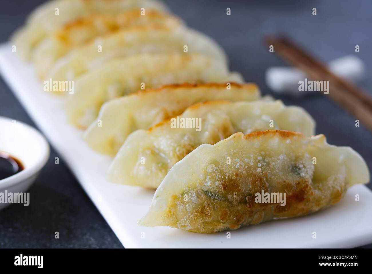 Primo piano di diversi gnocchi Mandu o coreani, ordinatamente presentati su un piatto da portata rettangolare bianco. Foto Stock