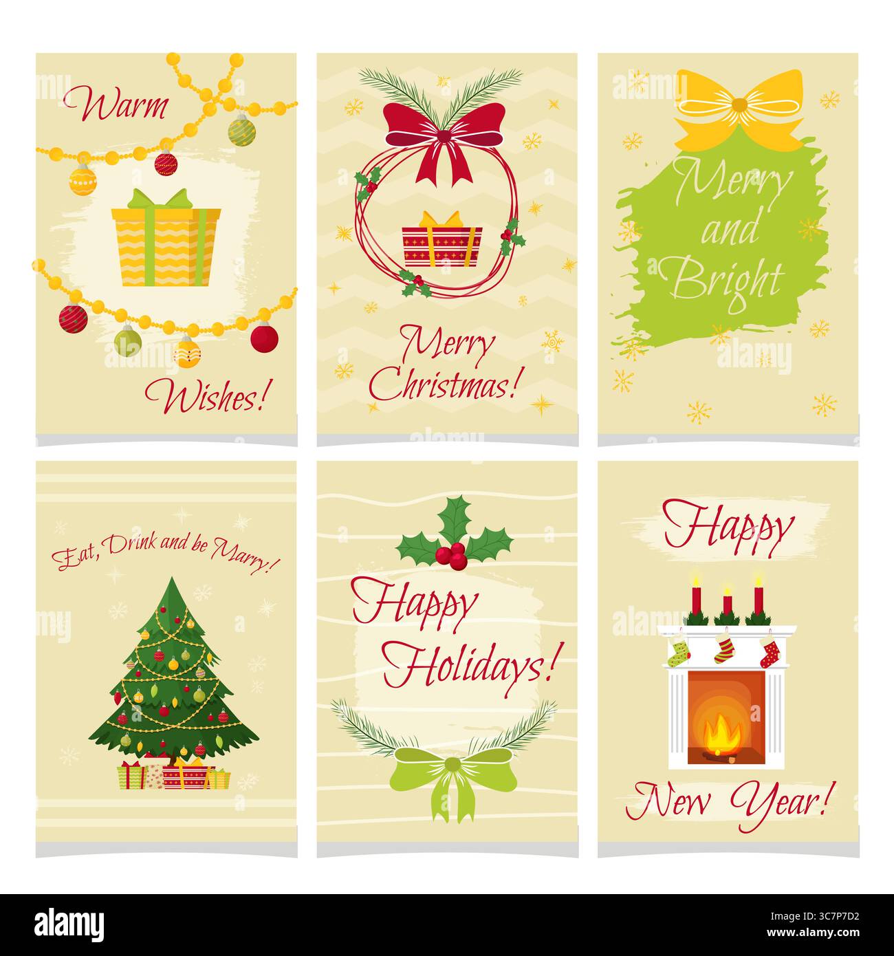 Set di biglietti d'auguri natalizi isolati in stile cartoni animati. Elementi festivi in diverse varianti, decorazioni per il nuovo anno. Illustrazione vettoriale Illustrazione Vettoriale