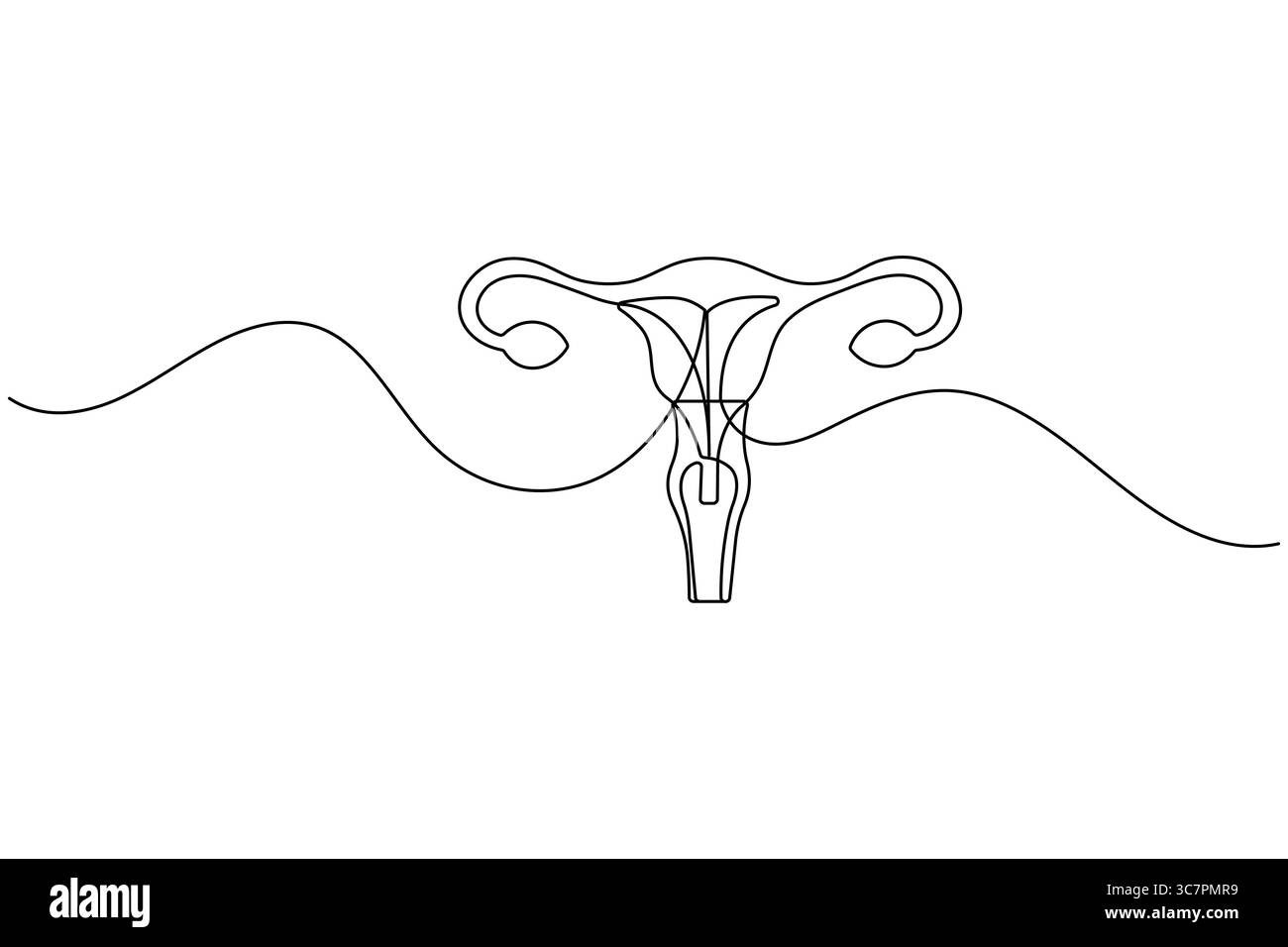 Disegno minimalista di un utero umano con tubi di Falloppio. Moderno concetto di anatomia medica Illustrazione Vettoriale