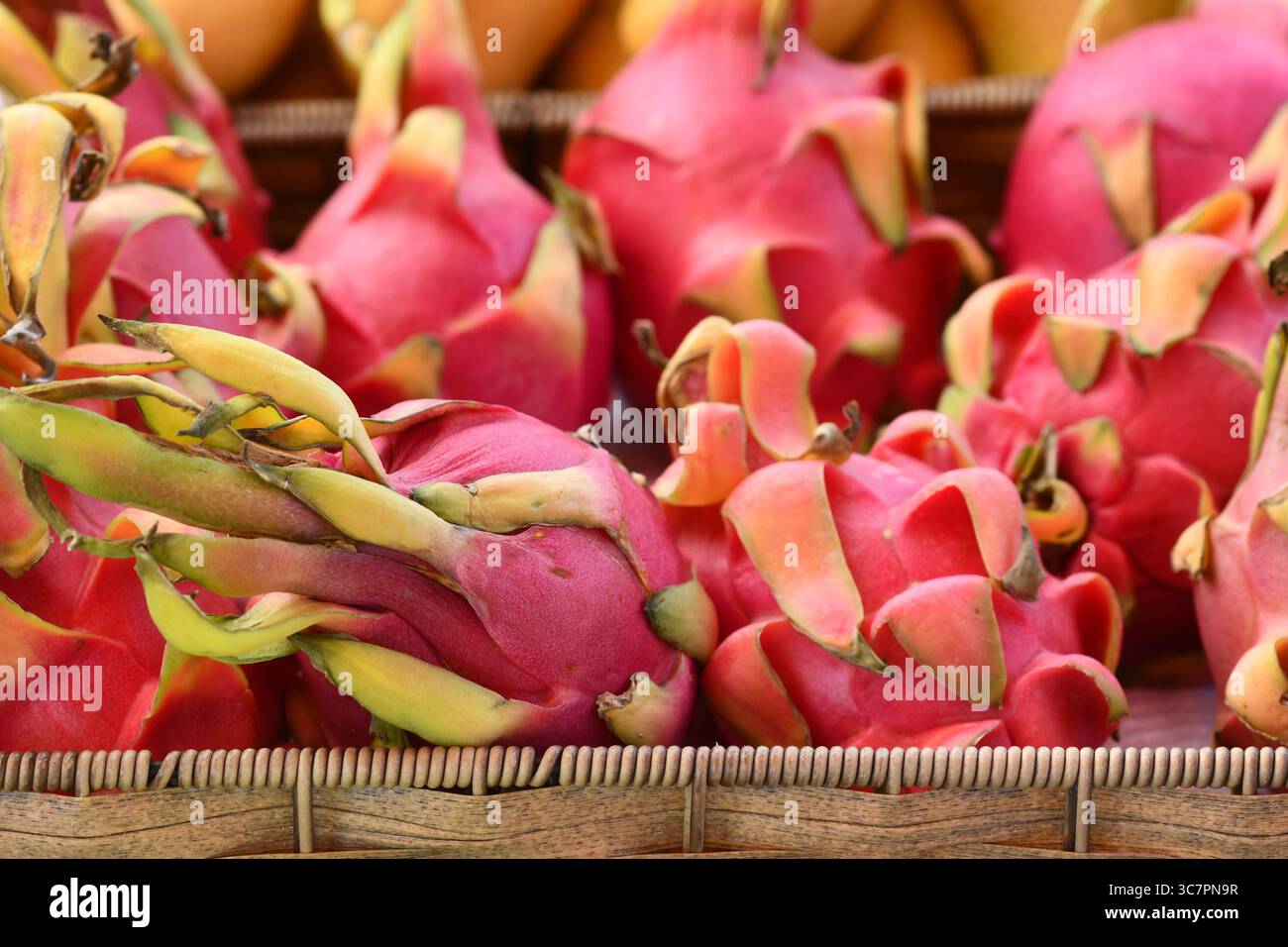 Primo piano di esotici frutti di Dragonfruit in vendita al mercato Foto Stock