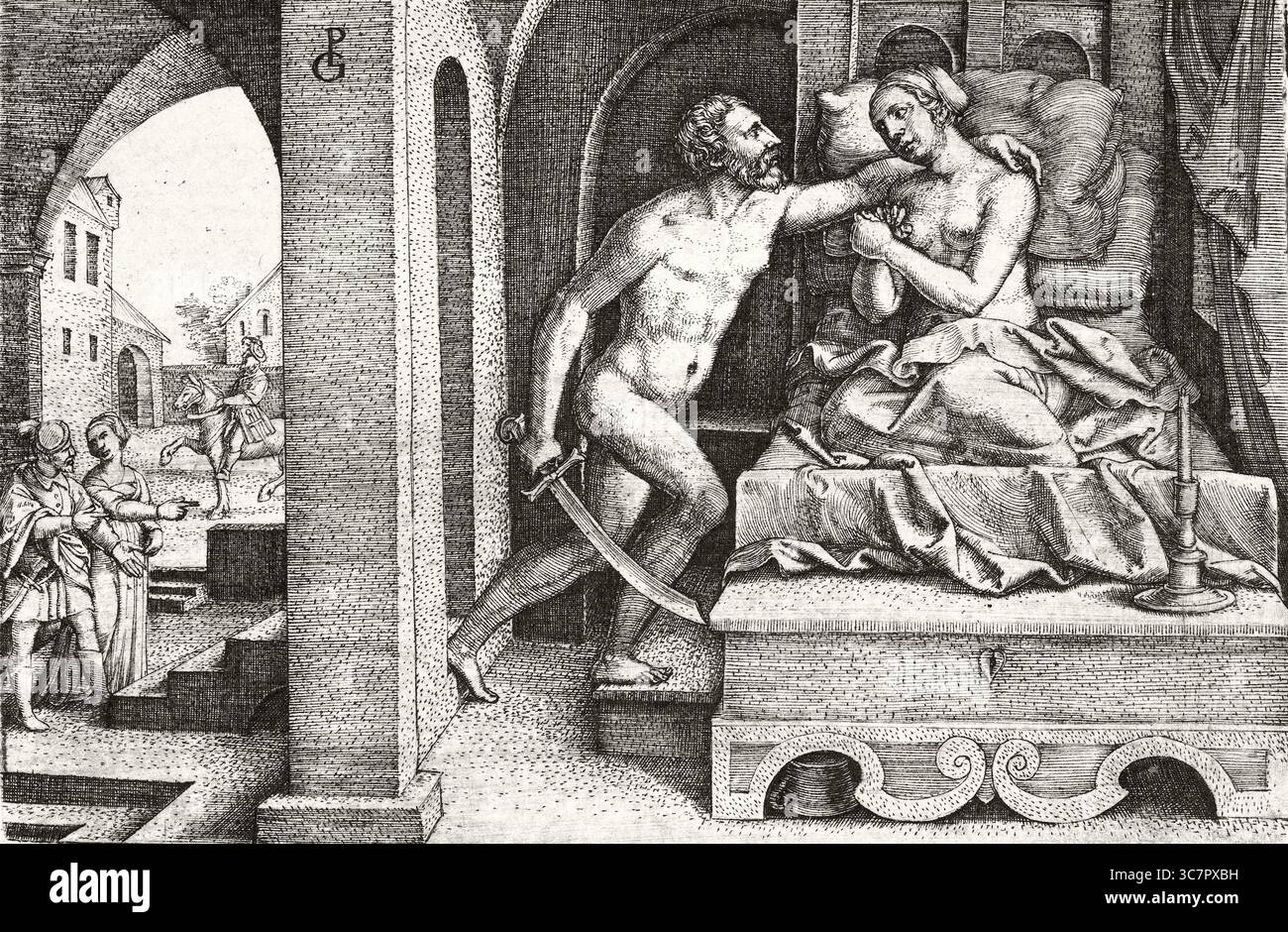 Tarquinio stupra Lucrezia, da Scene di storia romana Georg Pencz Foto Stock