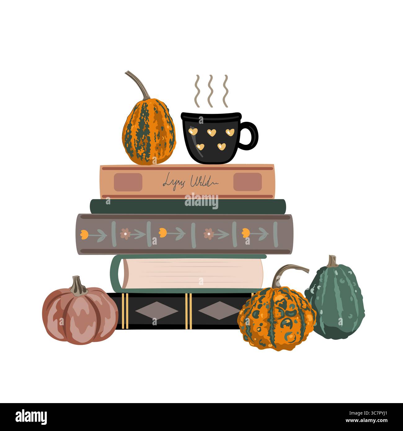 Composizione estetica autunnale con libri, zucca e bevanda calda. Illustrazione Vector Autumn. Illustrazione Vettoriale