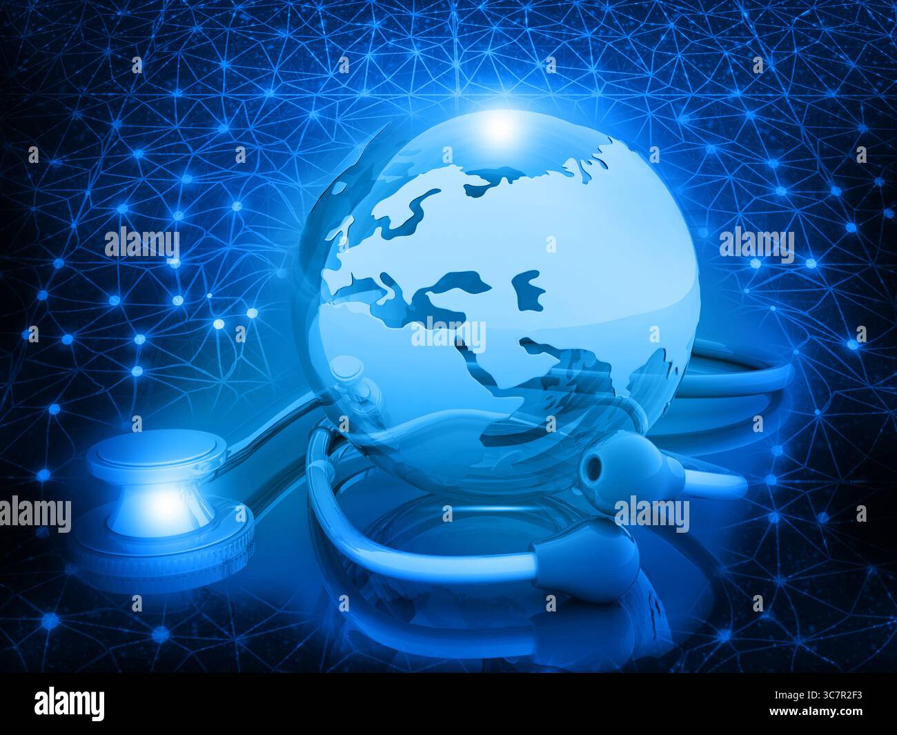 Stetoscopio con mondo. Concetto di medicina globale. illustrazione 3d. Foto Stock