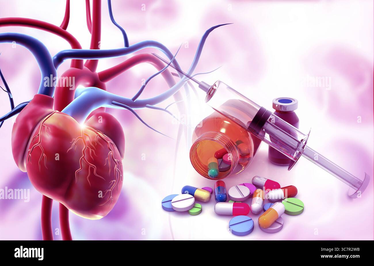 Anatomia del cuore con la medicina farmaceutica. bottiglia di vetro, pillole e siringa. illustrazione 3d. Foto Stock