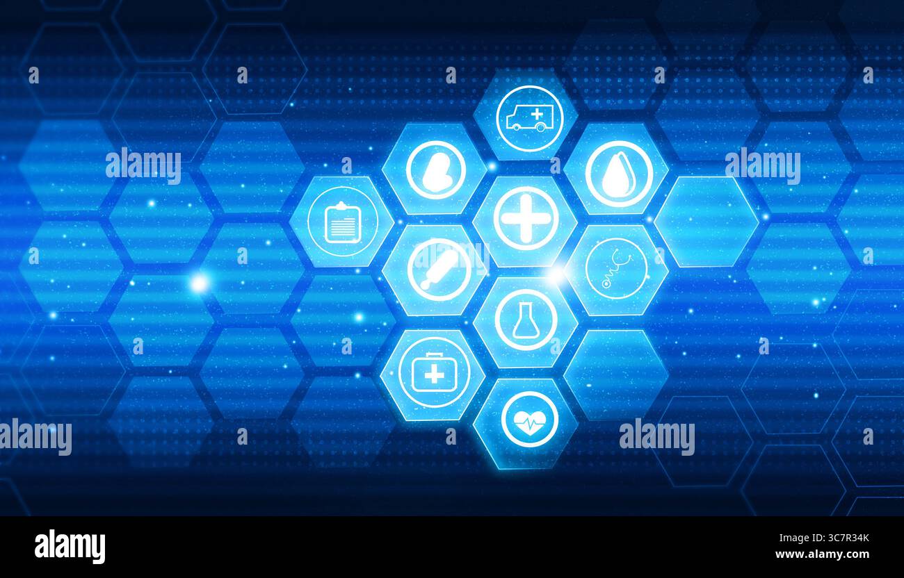 Medicina astratta e concetto di scienza background con icone mediche. Illustrazione digitale Foto Stock