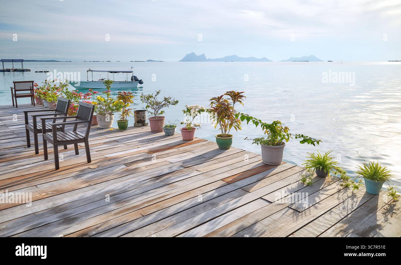 Piante in vasi su un molo, concetto di vacanze estive, Borneo, Malesia. Foto Stock