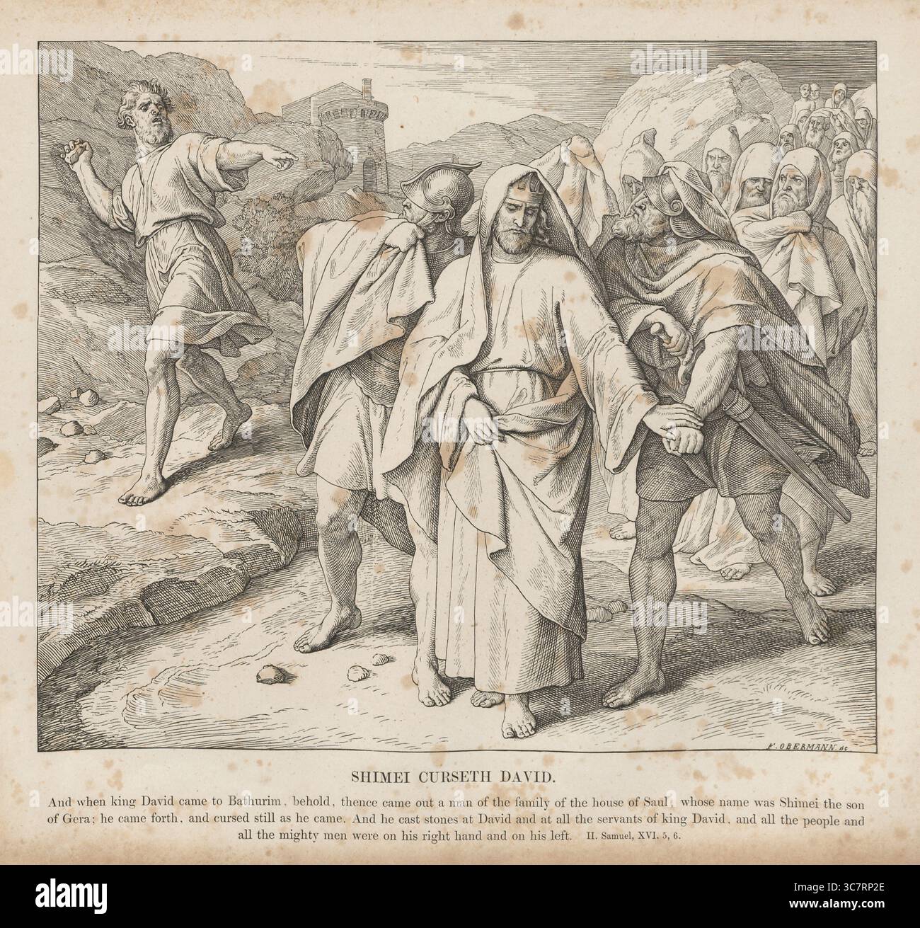 Storia biblica, Shimei maledice David, Shimei, il figlio di Gera, apparteneva alla tribù israelita di Beniamino e al lignaggio di Saul, riproduzione digitalmente migliorata di un'incisione in legno di Julius Schnorr von Carolsfeld, storica, intorno al 1860, data esatta sconosciuta Foto Stock