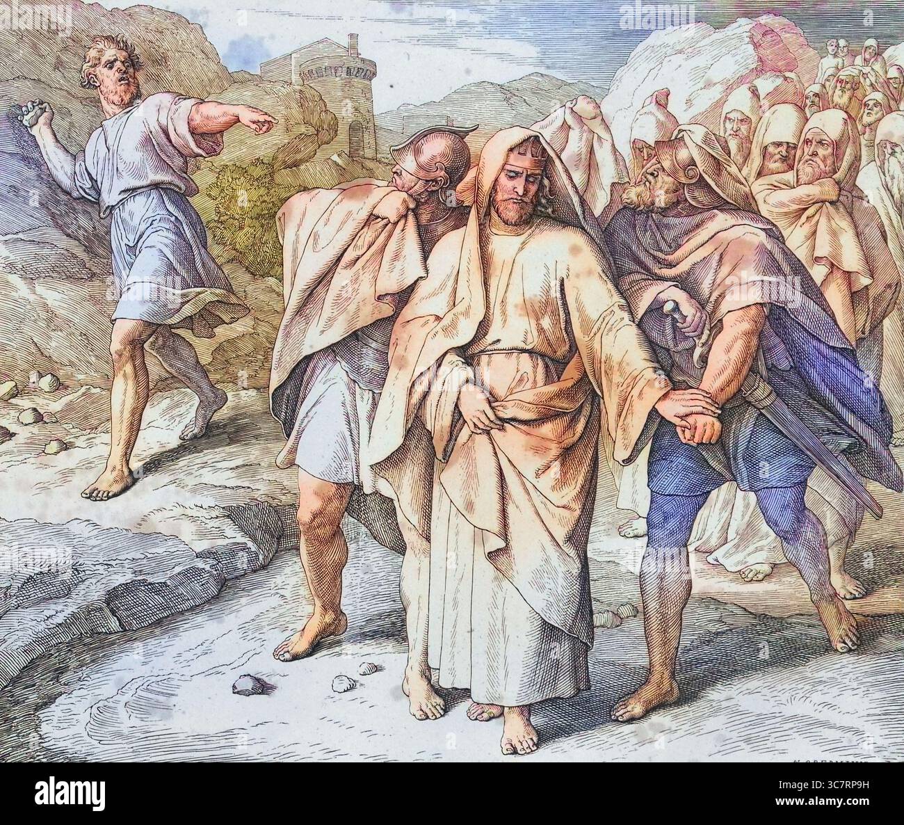 Storia biblica, Shimei maledice David, Shimei, il figlio di Gera, apparteneva alla tribù israelita di Beniamino e al lignaggio di Saul, riproduzione digitalmente migliorata di un'incisione in legno di Julius Schnorr von Carolsfeld, storica, intorno al 1860, data esatta sconosciuta Foto Stock