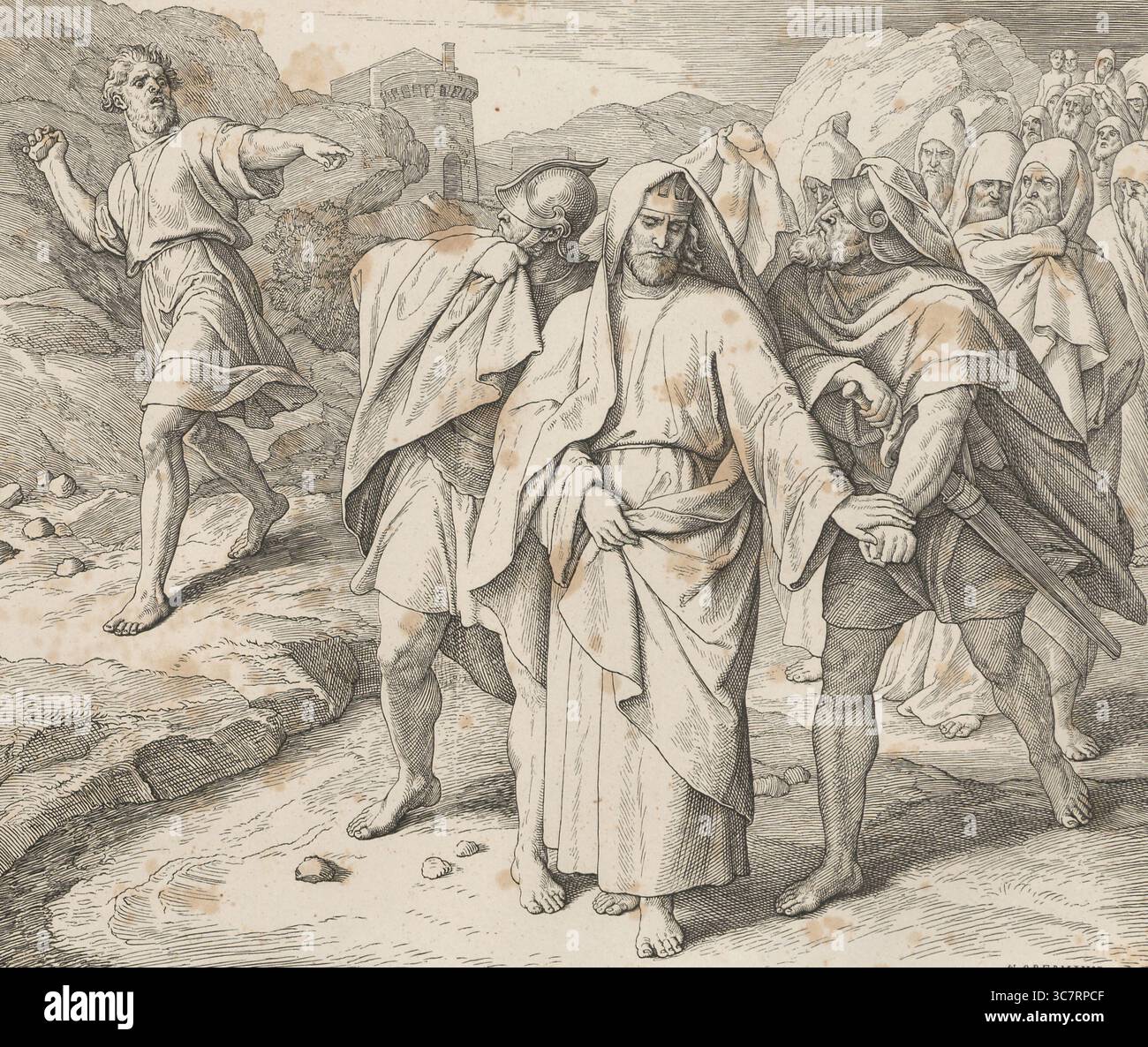 Storia biblica, Shimei maledice David, Shimei, il figlio di Gera, apparteneva alla tribù israelita di Beniamino e al lignaggio di Saul, riproduzione digitalmente migliorata di un'incisione in legno di Julius Schnorr von Carolsfeld, storica, intorno al 1860, data esatta sconosciuta Foto Stock