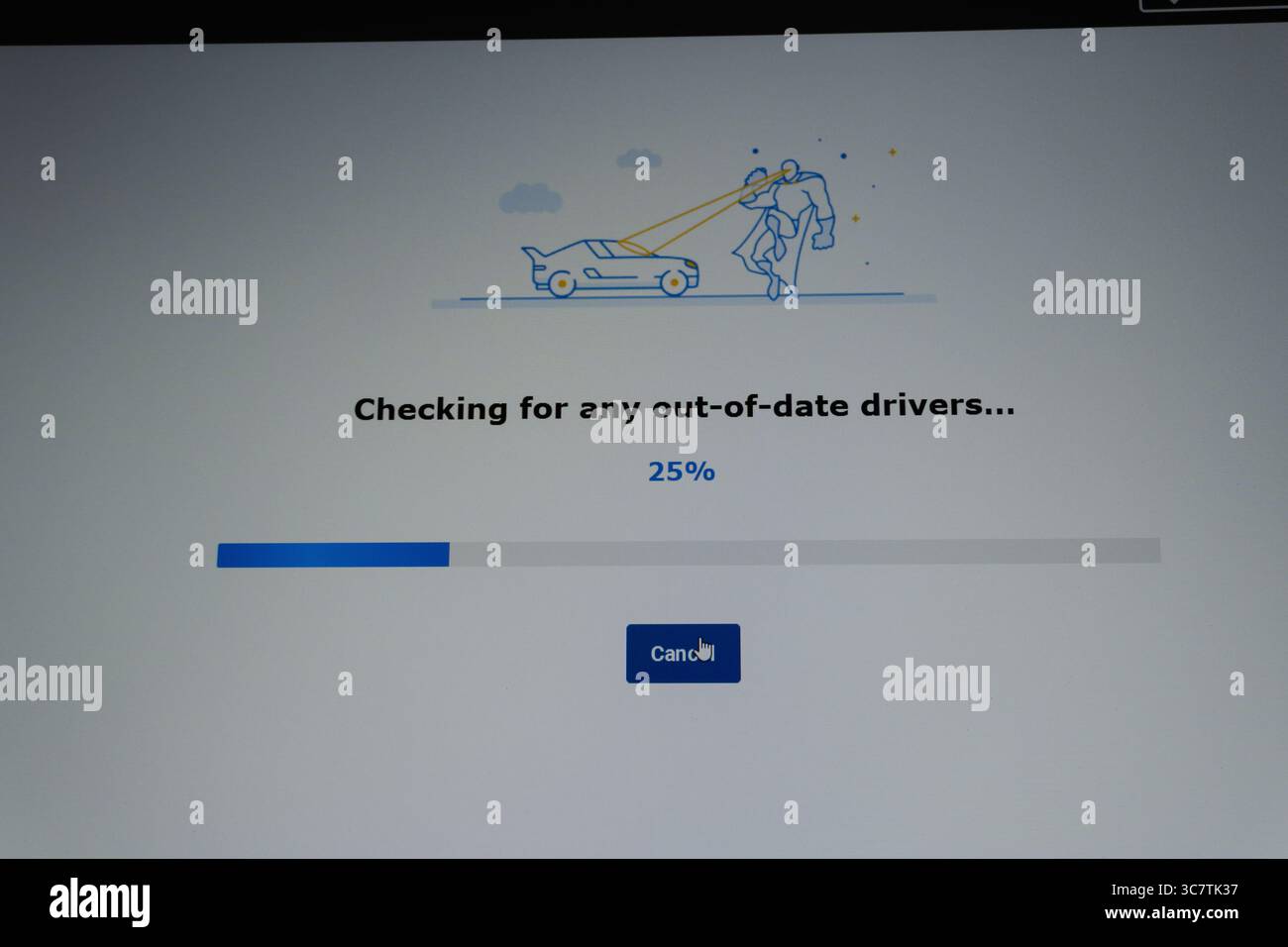 Concetto di verifica dello stato di un notebook o di un PC. Aggiornamento del software e del sistema operativo. Installazione o rimozione. Interfaccia dell'applicazione antivirus. Sistema operativo Windows 10. Foto Stock