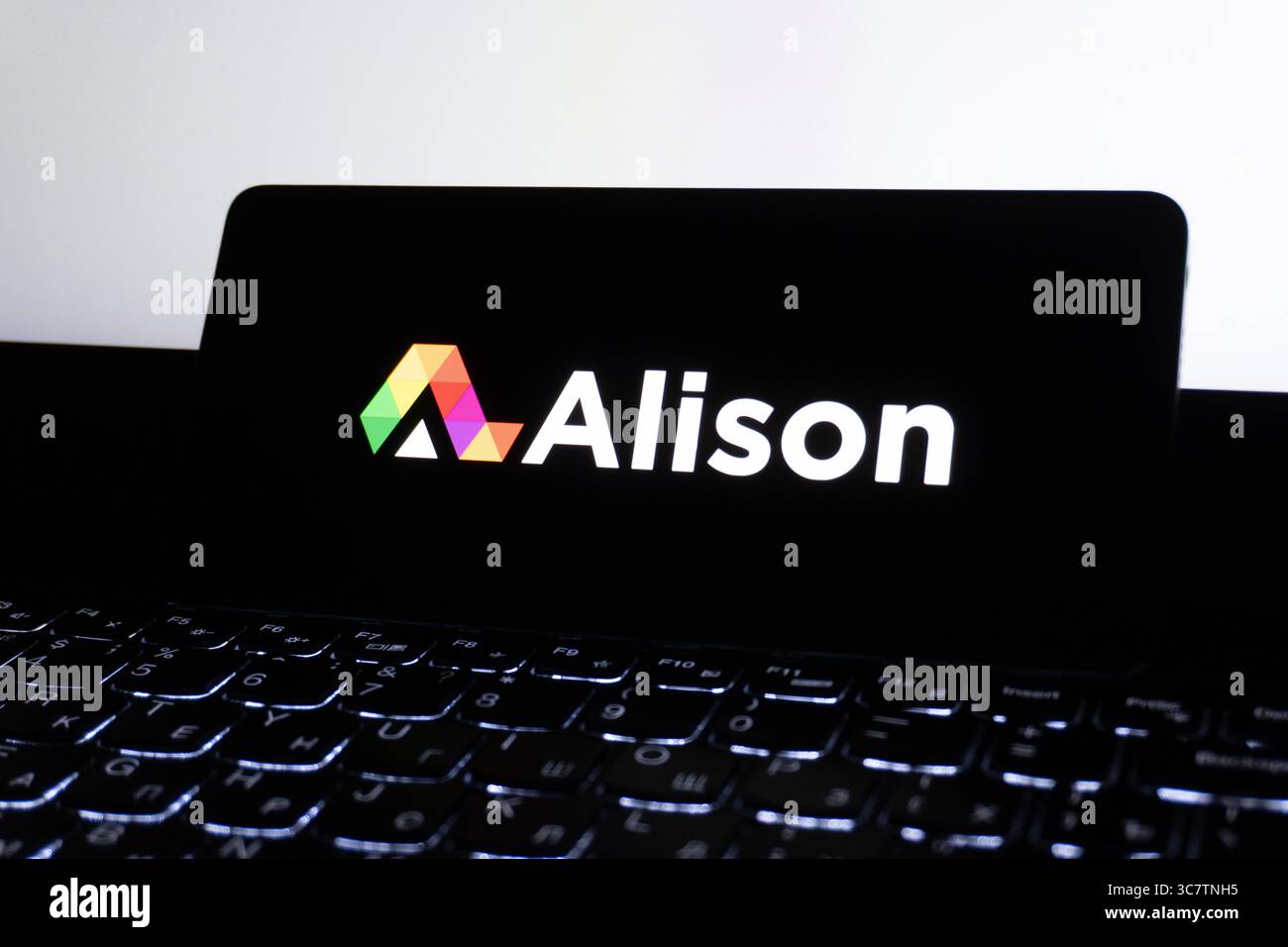 Il logo della piattaforma educativa Alison è descritto su uno schermo. Oghuz, Azerbaigian. 11.07.2025. Foto Stock
