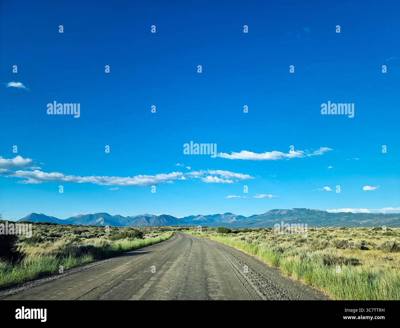 Strada sterrata vuota, strada sterrata attraverso praterie, praterie, deserto verso montagne marroni sotto cielo azzurro con poche nuvole; la strada davanti - Immagine stock catturata con smartphone