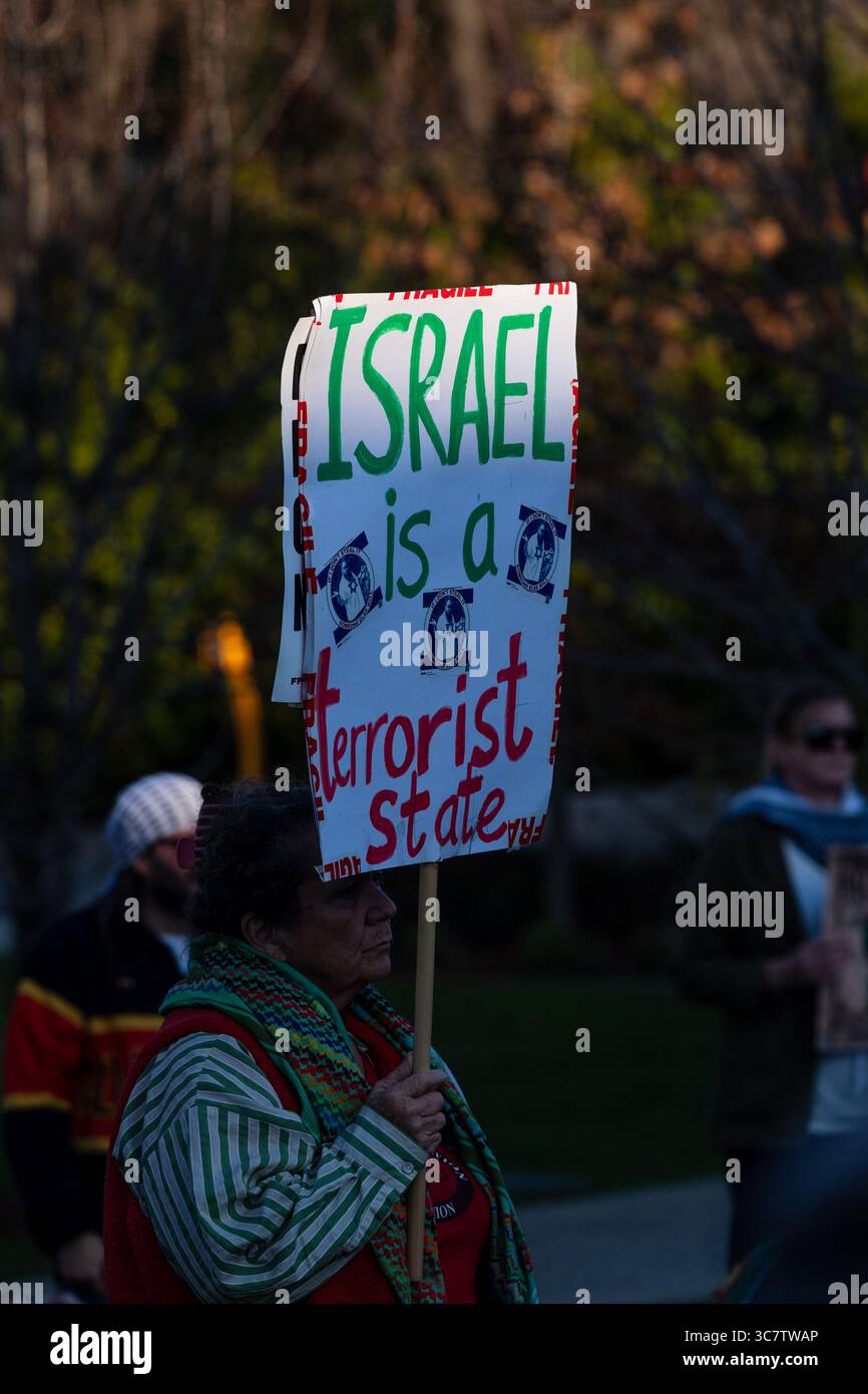 Un manifestante mostra un cartello durante la protesta che mira alla posizione della politica estera dei lavoratori su Israele. I manifestanti si riuniscono al di fuori della Conferenza del Partito Laburista Australiano (ALP) all'ippodromo di Moonee Valley, esprimendo opposizione alle politiche governative federali e statali. La manifestazione richiede il riconoscimento immediato della Palestina, la fine dei legami militari con Israele, la protezione dell'edilizia popolare e la difesa dei diritti dell'unione. Organizzata da gruppi di base tra cui la Free Palestine Coalition Naarm e i sostenitori dell'edilizia popolare, la protesta condanna anche le leggi anti-protesta e le morti indigene in custodia. Foto Stock