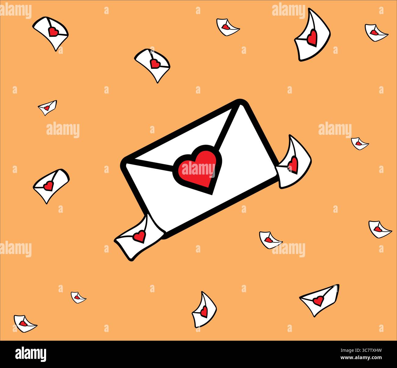 Lettere d'amore che cadono da una busta grande con il cuore rosso Illustrazione Vettoriale