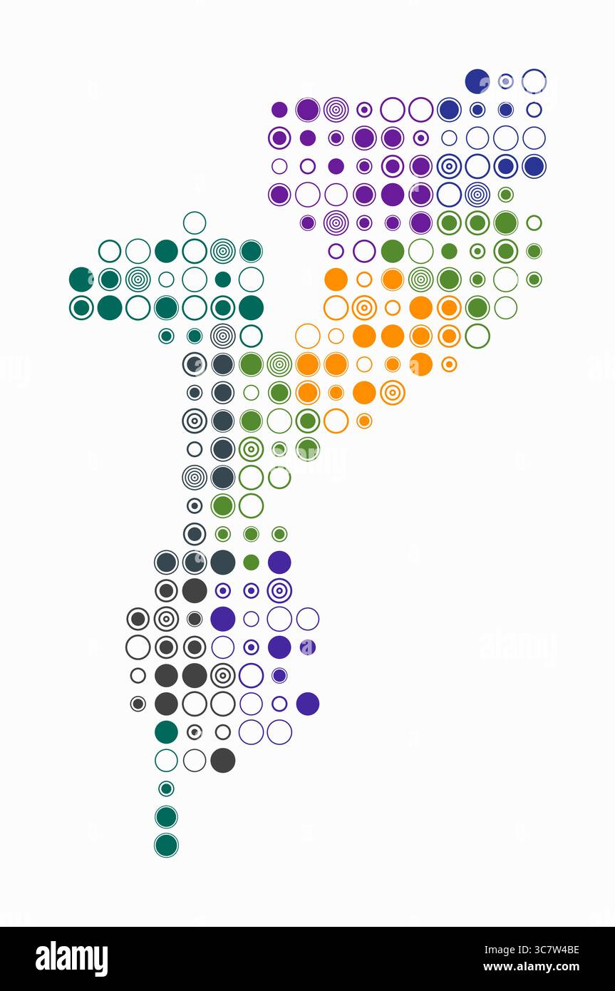 Mozambico, forma del paese costruzione di cellule colorate. Mappa digitale del Mozambico su sfondo bianco. Blocchi circolari di grandi dimensioni. Illustrazione Vettoriale