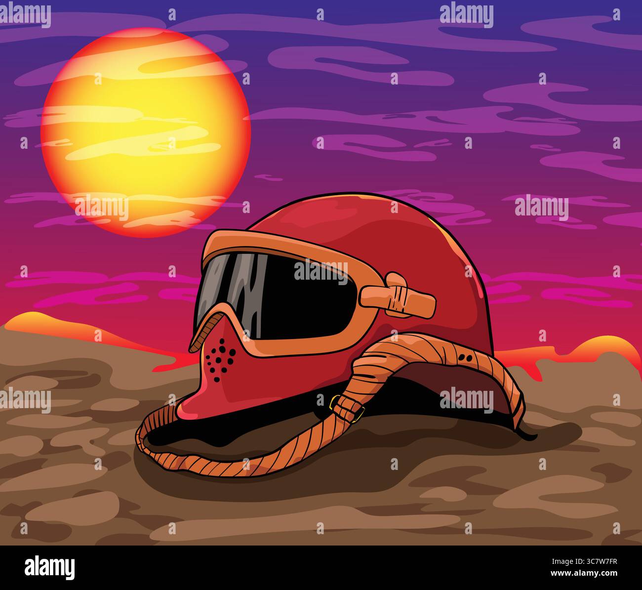 Casco da soldato abbandonato sul campo di battaglia al tramonto che illustra le vittime di guerra Illustrazione Vettoriale