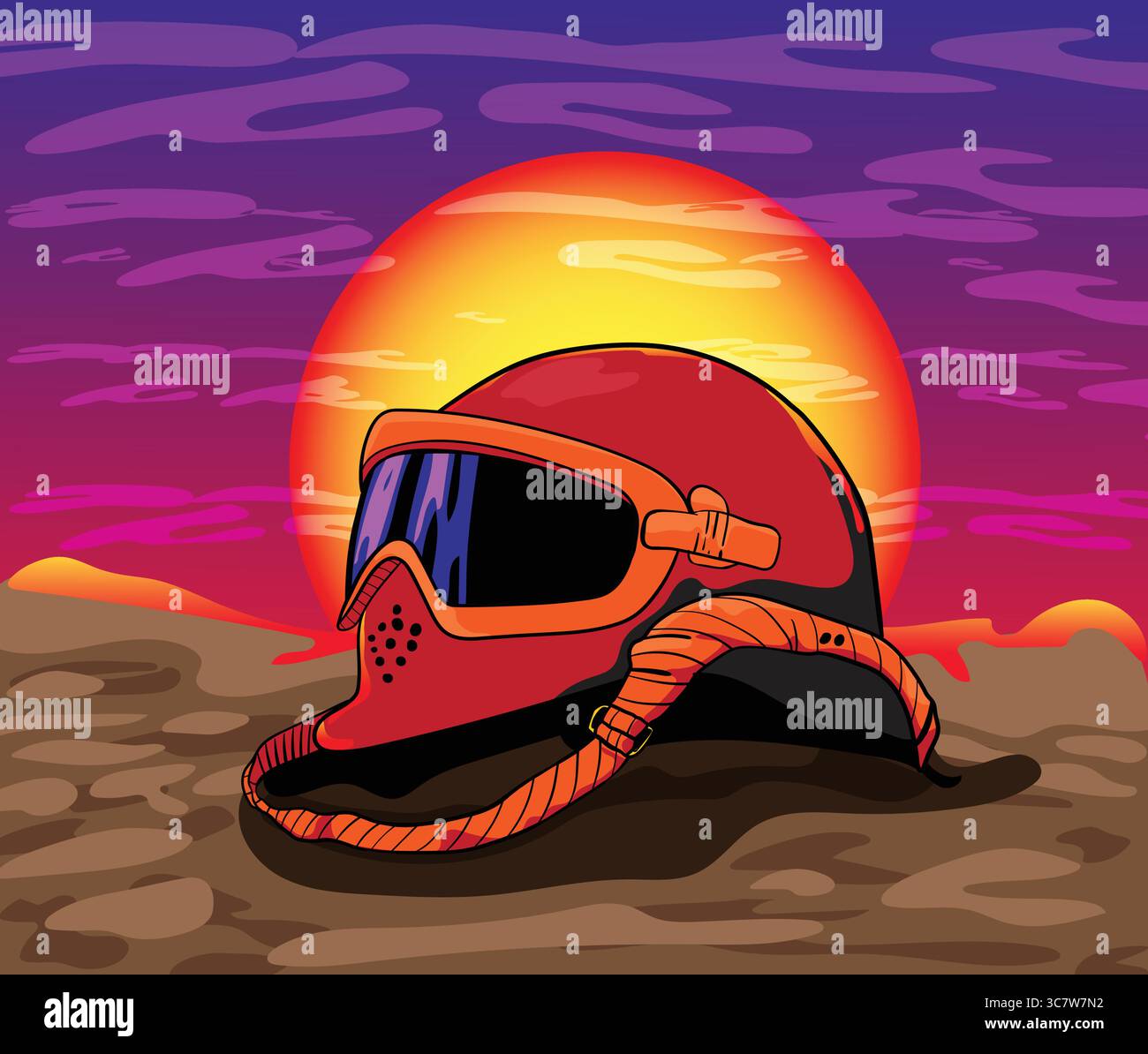 Casco da soldato abbandonato sul campo di battaglia al tramonto che illustra le vittime di guerra Illustrazione Vettoriale