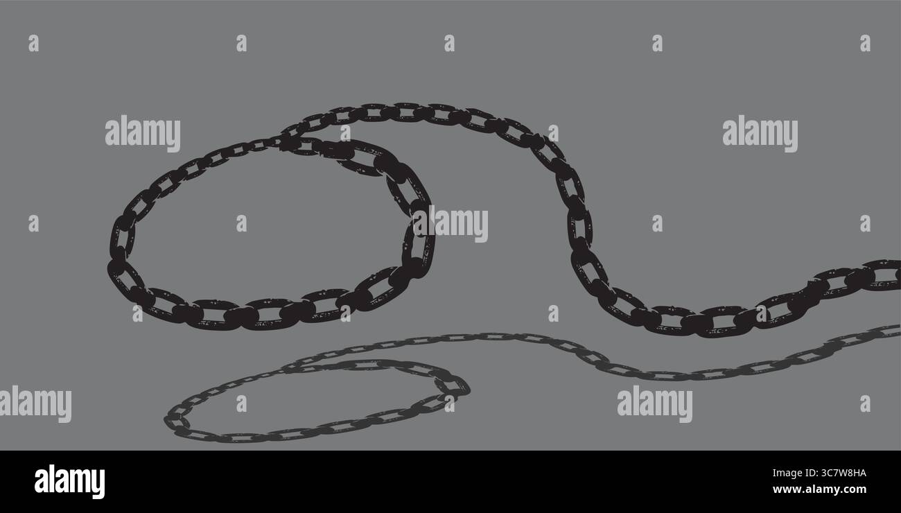 Lunga catena in metallo nero che avvolge e si estende su sfondo bianco Illustrazione Vettoriale