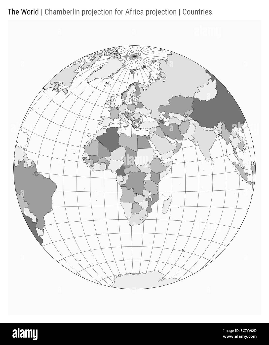 Mappa del mondo. Proiezione di Chamberlin per proiezione Africa. Stile country. Mappa mondiale dettagliata per infografiche, istruzione, report e presentazioni. Illustrazione Vettoriale