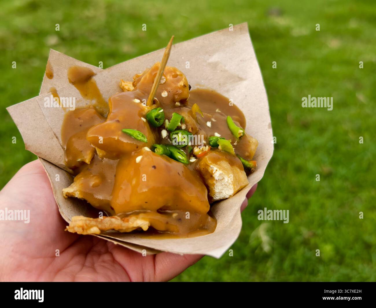 Tradizionale spuntino balinese Lumpiang Pincuk, composto da involtini primavera fritti, tofu fritto e altre frittelle, servito con una spessa salsa di arachidi Foto Stock