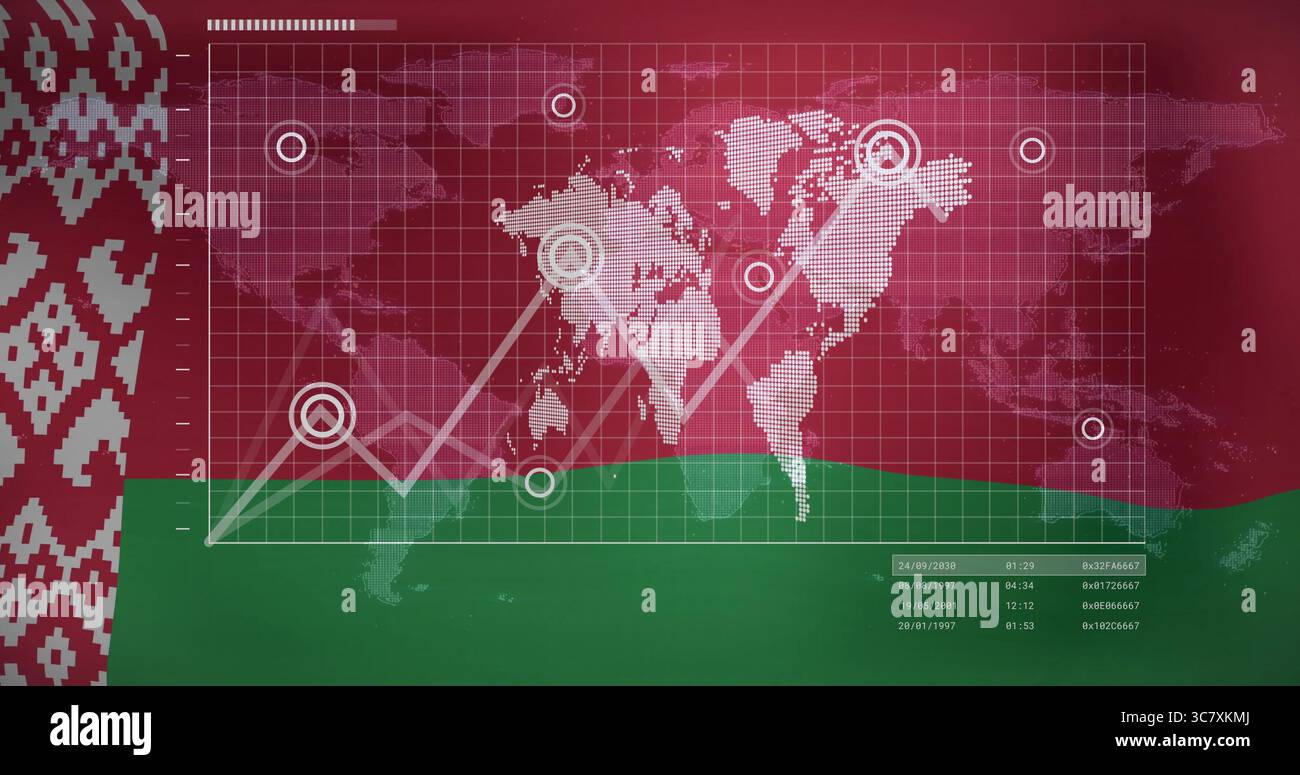Visualizzazione dei dati sovrapposti sulla bandiera Bielorussia con marcatori a griglia della mappa mondiale, grafico a linee, codici data e ora Foto Stock