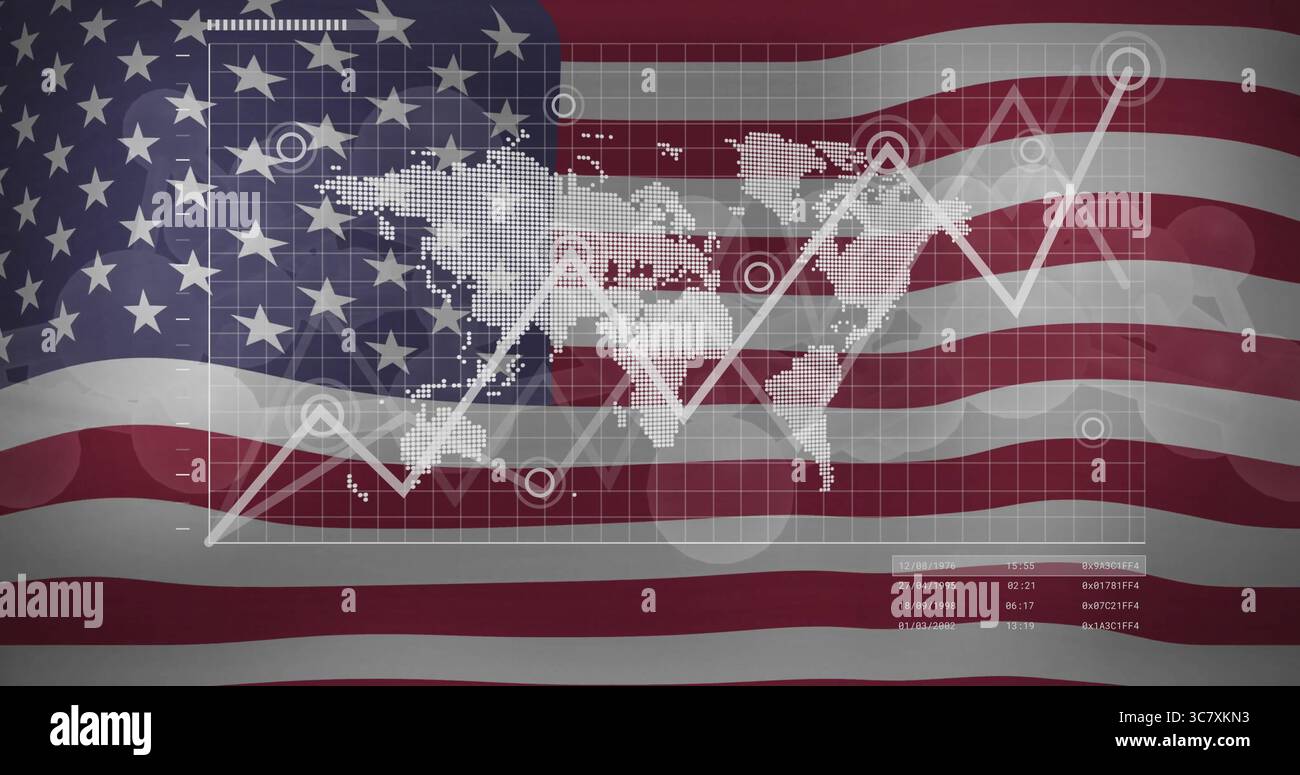 La mappa del mondo punteggiato sovrappone i trend di traccia sullo sfondo degli allarmi US, con griglia, nodi dati e pannello dati Foto Stock