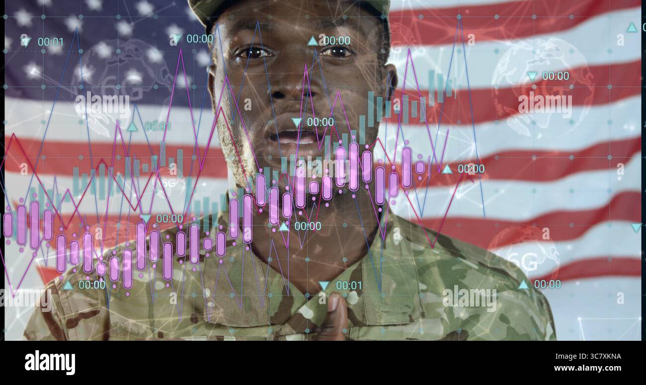 Soldato che indossa l'uniforme camo e il berretto che tiene la mano sul cuore in studio con bandiere e sovrapposizioni digitali Foto Stock