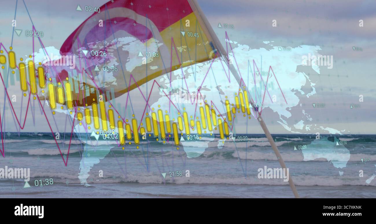 Con bandiera a palo inclinata che fluttua sulla spiaggia, onde, mappa del mondo con sovrapposizione finanziaria, spazio copia Foto Stock